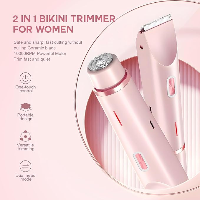 2026 New Bikini Shaver for Women Electric Trimmer 2.0 with Stainless Steel Dual Head IPX7 Waterproof Wet and Dry Use Reduces Pulling Suitable for All Skin Types (Pink)