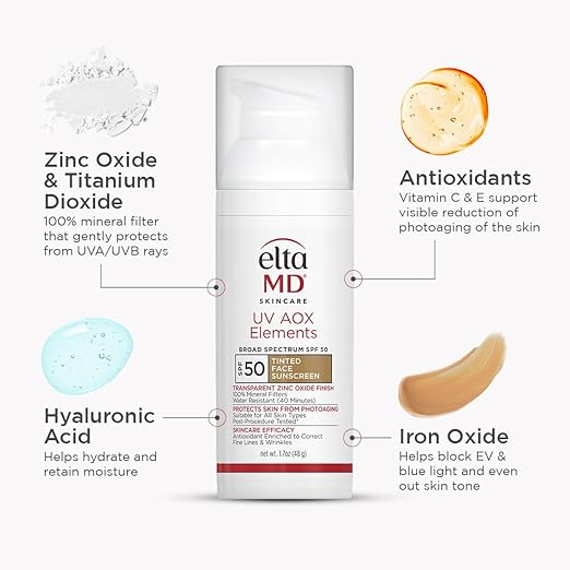EltaMD UV AOX Elements Tinted Mineral Face Sunscreen Lotion Tinted Moisturizer for Face SPF 50 with Antioxidants For Dry Sensitive Skin 1.7 oz Pump