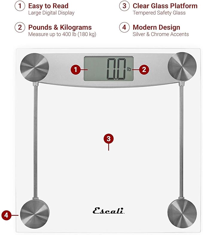 Escali Digital Glass Bath Scale for Body Weight Bathroom Body Scale High Capacity of 400 lb Battery Included Clear Glass