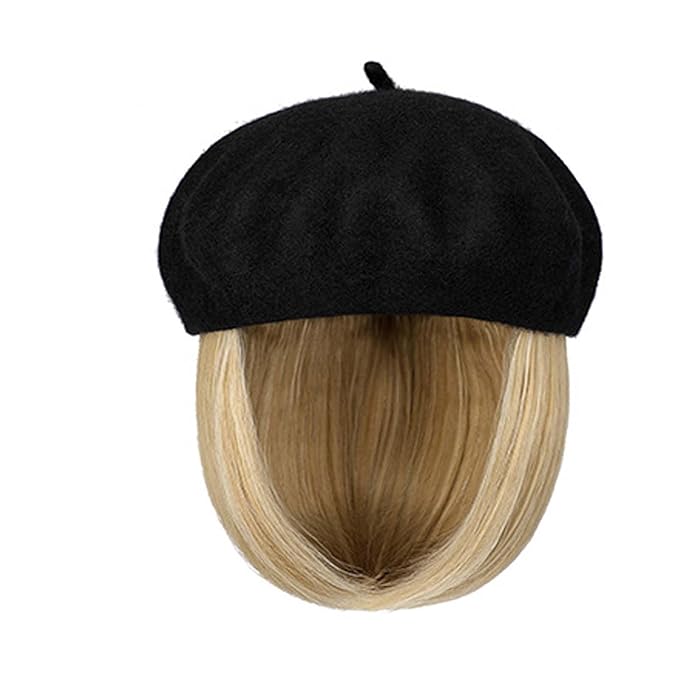 Hat Wig Beret Hat with Hair Extensions Classic French Wool Hat Straight Short Bob Hairpiece Women Bob Wig Hats