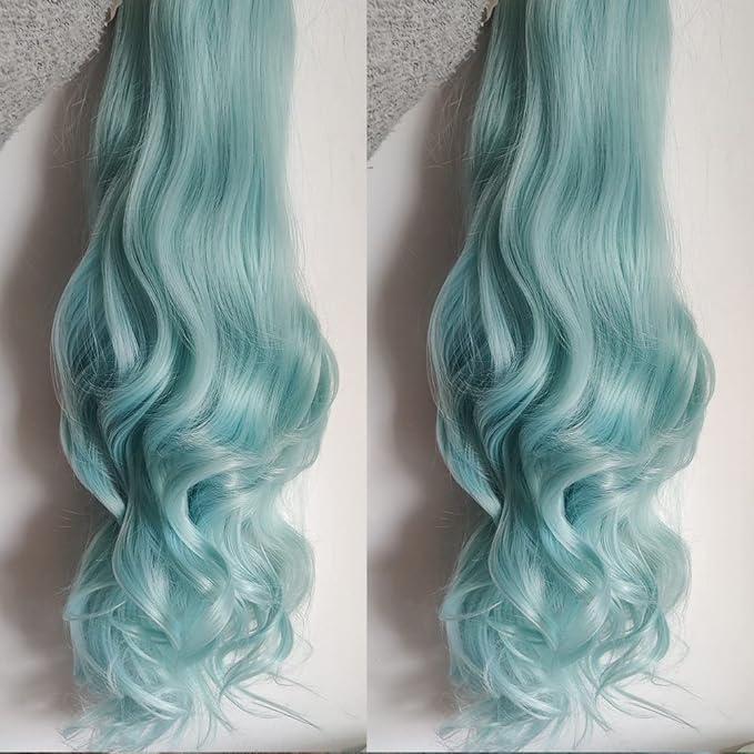 xiweiya Long Mint Green Wigs Long Body Wavy Synthetic Blue Green Lace Front Wig Heat Resistant Fiber Hair Replacement Full Wig For Women 13x3 Lace Wig 24inch