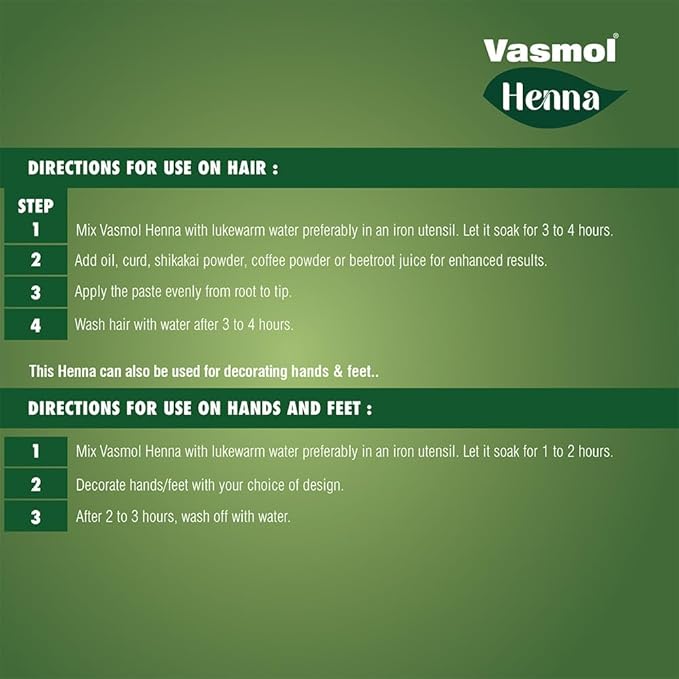 Vasmol Henna 100% Pure Henna Powder (Mehendi) 500gms I For Grey Hair Coverage Hair Conditioning &amp Nourishment I For Mehndi designs on Hands and Feet I For Hair Colour I Suitable for Men and Wome