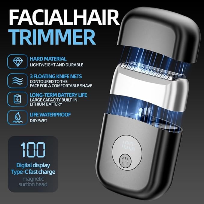 Electric Foil Shavers for Men New Mini Electric Razor with 3 Floating Blades LED Display USB-C Fast Rechargeable Travel Portable Beard Trimmer for Men Gifts for Dad Him (Black)