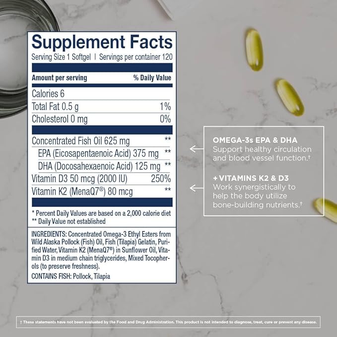 Wiley's Finest Wild Alaskan Fish Oil Vitamin K2 &amp D3 Softgels - 500mg of EPA and DHA Omega-3s for Bone and Heart Health Support - 120 Softgels (120 Servings)