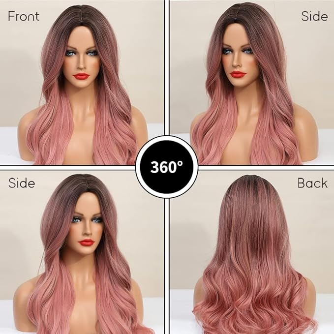 Black to Pink Wavy Wigs Human Hair Mixed Synthetic Long Curly Breathable Lightweight Middle Part No Lace for Daily Cosplay Party