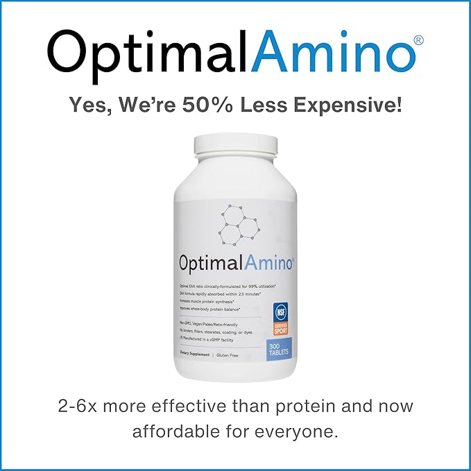 OptimalAmino Tablets (300 Count) | 99% Utilized Essential Amino Acid (EAA) Supplement Increase Muscle Recovery BCAA Protein Pre/Post Workout | NSF Certified for Sport® Certified