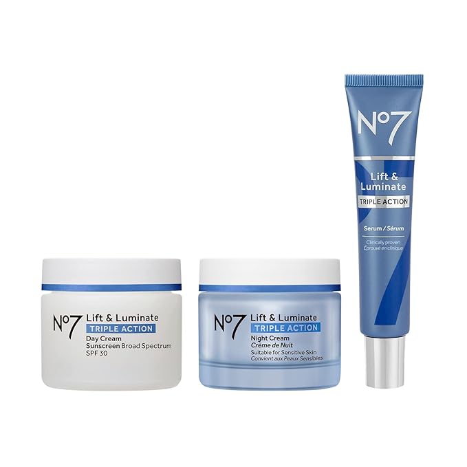No7 Lift &amp Luminate Triple Action Skincare Set - Broad Spectrum Anti Aging Day Cream SPF 30 + Vitamin C Wrinkle Serum + Collagen Peptide Brightening Night Cream (3 Piece Kit)