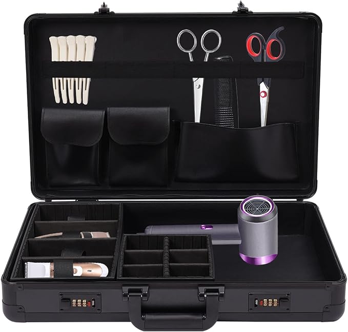 20.9x13x3.5 Professional Hairdressing Toolbox Portable Barber Carrying Case with Lock Beauty Barber Case Travel Stylist Tool Box Organizer for Clippers and Supplies Barbers(Black)