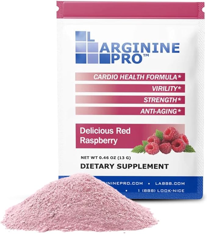 L-ARGININE PRO Supplement Powder | 60 Packets Single Serve Travel Size | 5500mg of L-arginine Plus 1100mg L-Citrulline Raspberry