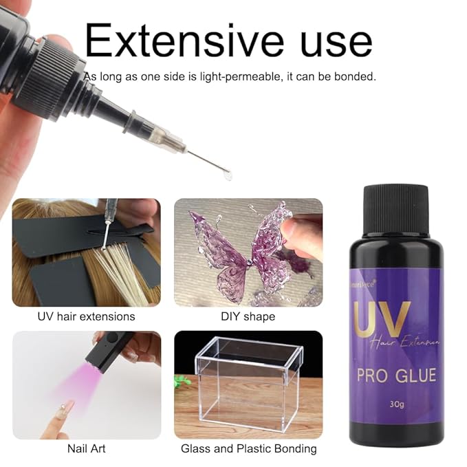 UV Hair Set Super Fast Remover UV Hair Extension Kit 30g UV Hair Glue with 30ml Glue Remover Anti-UV Shield Guards Replacement Accessories for UV Hair Extensions Metal Hair Clips