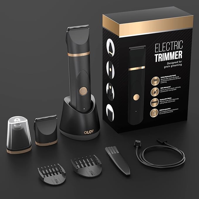 OLOV Electric Body Hair Trimmer for Men - Wet/Dry Body Shaver Groomer with 2 Repalcement Ceramic Blade USB Recharge Dock &amp Nosetrimmer Head Waterproof Male Hygiene Razor