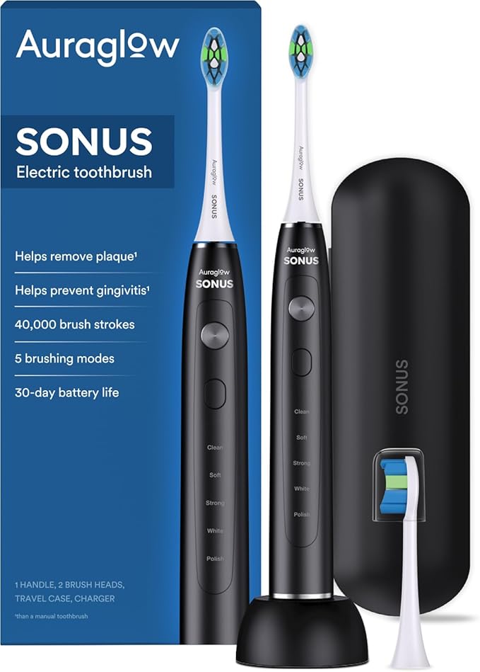 AURAGLOW Sonus Electric Toothbrush 5 Cleaning Modes 2 Brush Heads &amp Travel Case 40000 VPM Sonic Toothbrush &amp Wireless Charging 30-Day Battery Life with Smart Timer Black
