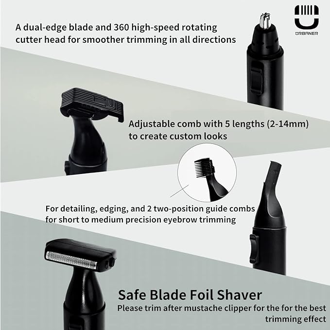 URBANER Nose Hair Trimmer for Men Japanese Motor USB Charger IPX8 Waterproof 4-in-1 Grooming Set Ear and Nose Hair Trimmer Eyebrows Trimmer Portable Electric Shaver Gifts MB-990