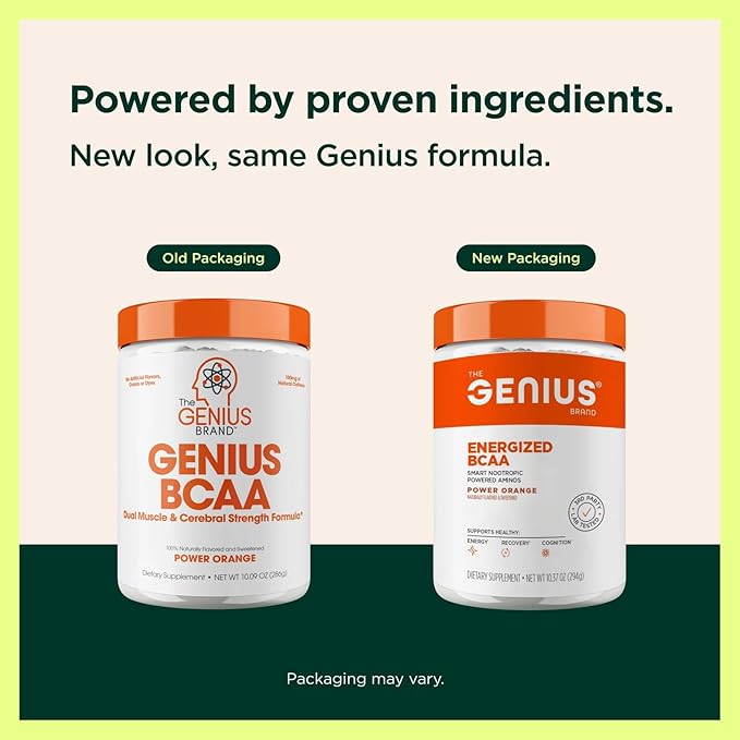 Genius BCAA Powder - 5g Vegan BCAAs L-Glutamine Cognizin &amp Rhodiola Muscle Recovery Energy Support 100mg Caffeine Pre Intra Post-Workout Nootropic Supplement for Focus &amp Performance - Orang