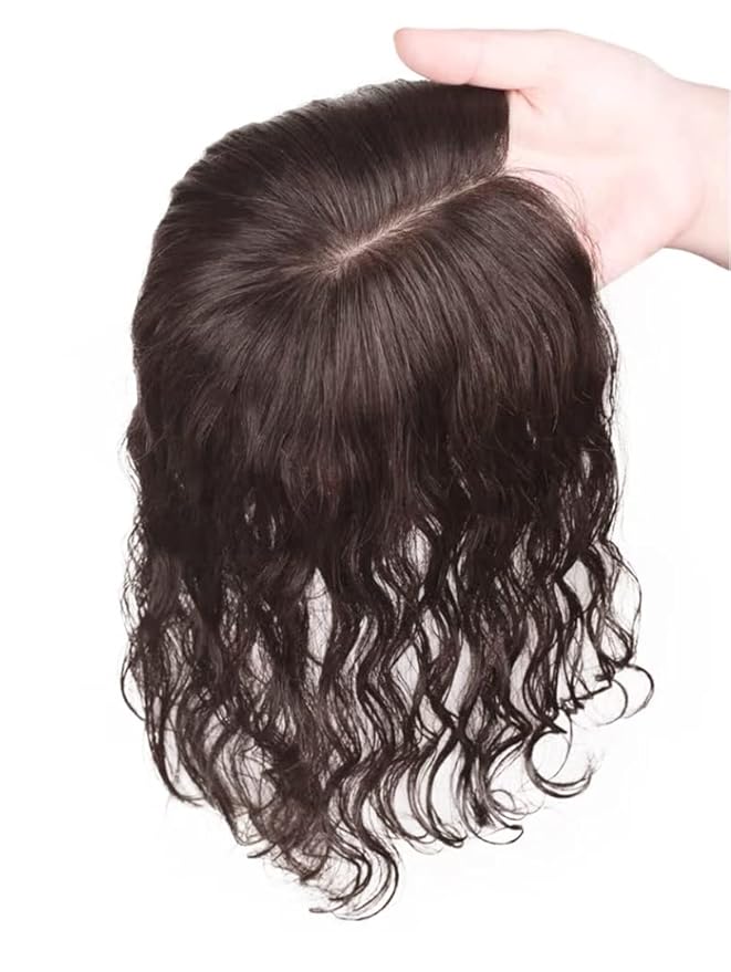 10 Women Natural Wavy Human Hair Toppers Middle Part Silktop 13x14cm Seamless Hairpiece Toupee Simulated Short Curly Clip in Top Hair Pieces Topper Hairpiece for Thinning Hair Brown