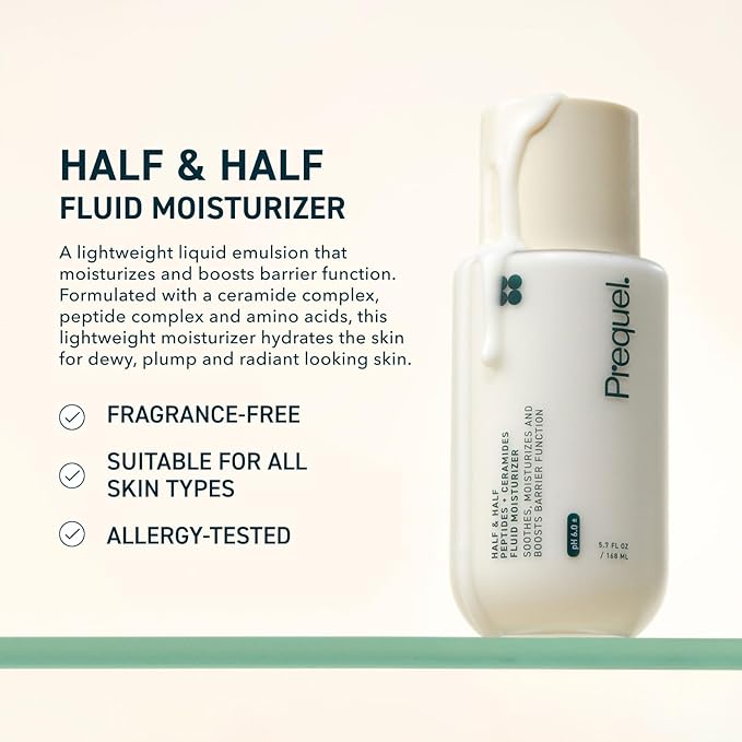 Prequel Skin Half and Half Fluid Moisturizer Face Cream. Lightweight Ceramide Peptide Lotion for All Skin Types including Dry and Sensitive. Hydrating Facial Cream for Women and Men