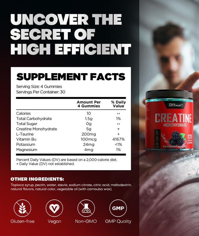 99.99% Creatine Monohydrate Gummies More 15% Strength 5X Energy &amp Muscle Support Pre-Workout Complex Creatine for Women &amp Men with 5000mg Creatine L-Taurine B12 Mg and K Vegan