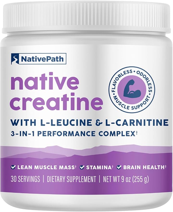 NativePath Creatine Monohydrate Powder with L-Leucine &amp L-Carnitine - Muscle Building Supplement for Men &amp Women - 30 Servings