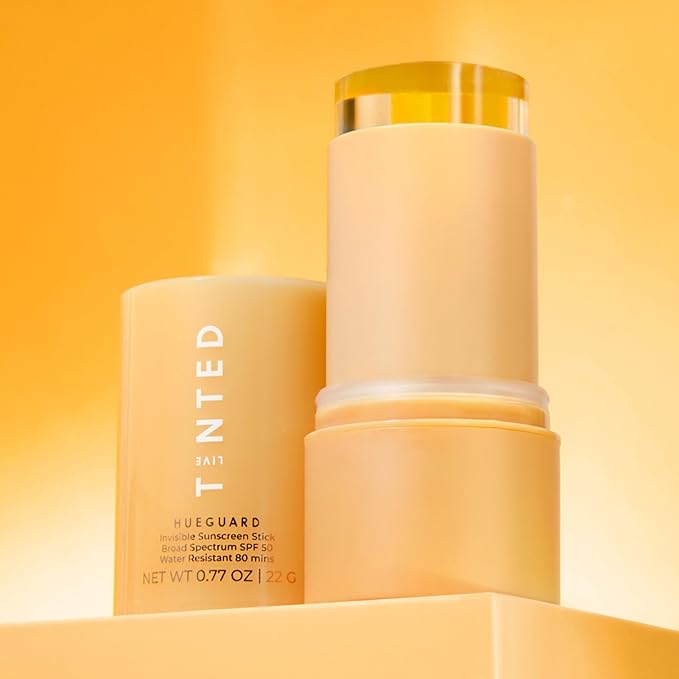 Live Tinted Hueguard Invisible Sunscreen Stick SPF 50: Waterproof Sweatproof Body and Face Sun screen Stick Roll On Sun Screen No White Cast &amp Hydrating Tinted Sunscreen Reef Friendly 0.77oz
