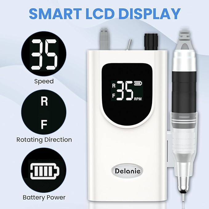 Delanie Professional Portable Electric Nail Drill Machine 35000 RPM Rechargeable Cordless Nail Filer Electric Nail File Efle for Dip Powder Acrylic Gel Nail Salon Nail Tool White