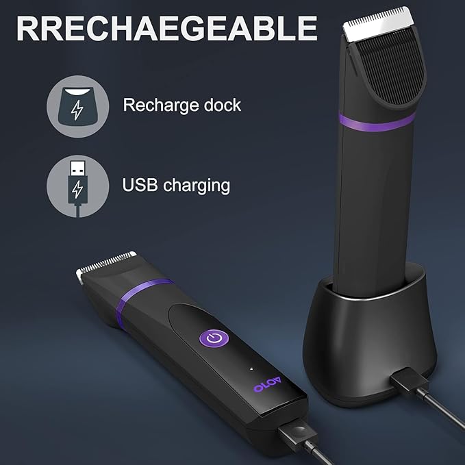 OLOV Electric Body Hair Trimmer - Groin Trimmer for Men - Bikini Trimmer Women - Wet/Dry Shaver Groomer Replaceable Ceramic Blade Heads USB Recharge Dock Waterproof Hygiene Razor Black Violet