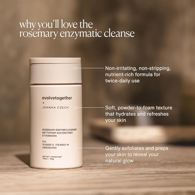 evolvetogether x Joanna Czech Rosemary Enzyme Twice-Daily Face Cleanser for Women &amp Men | Hydrating Gentle Enzymatic Formula For All Skin Types | Vegan Toxin-Free | Made in USA (Fiji 1.41 Oz)