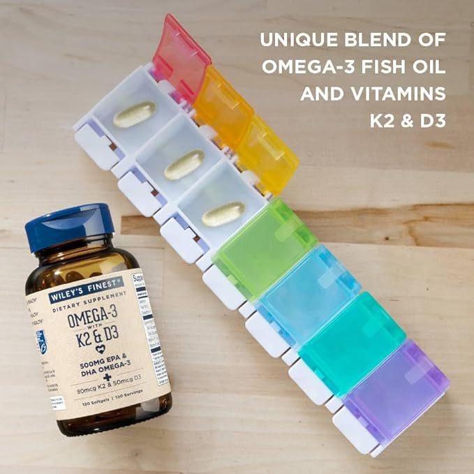 Wiley's Finest Wild Alaskan Fish Oil Vitamin K2 &amp D3 Softgels - 500mg of EPA and DHA Omega-3s for Bone and Heart Health Support - 120 Softgels (120 Servings)