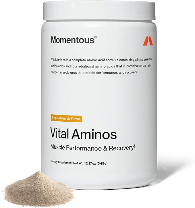 Momentous Vital Aminos Powder Supplement - BCAA &amp EAA - Tropical Punch - NSF Certified for Sport - GMO- &amp Gluten-Free - 30 Servings - Package May Vary