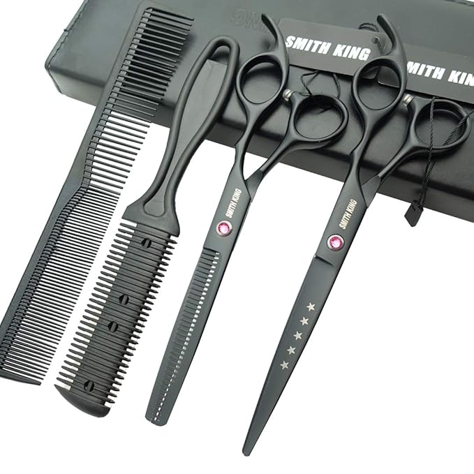 7.0 Inches Hair Cutting Scissors Set with Combs Lether Scissors CaseHair cutting shears Hair Thinning shears For Personal and Professional (Black)