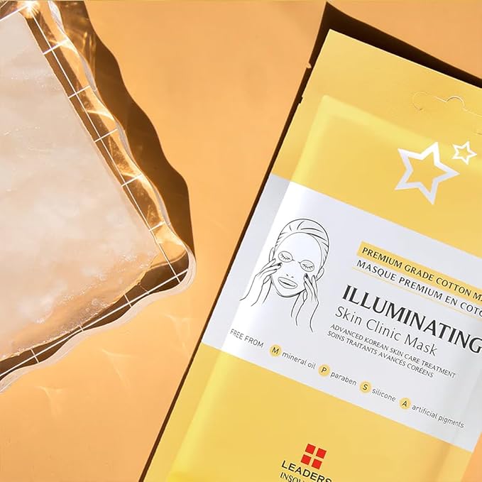 Leaders Insolution Illuminating Skin Clinic Mask | Omega-3 &amp Purslane Extract for Radiant Glow | Niacinamide Brightening Treatment | Even Skin Tone | 100% Natural Cotton (10 Sheets)