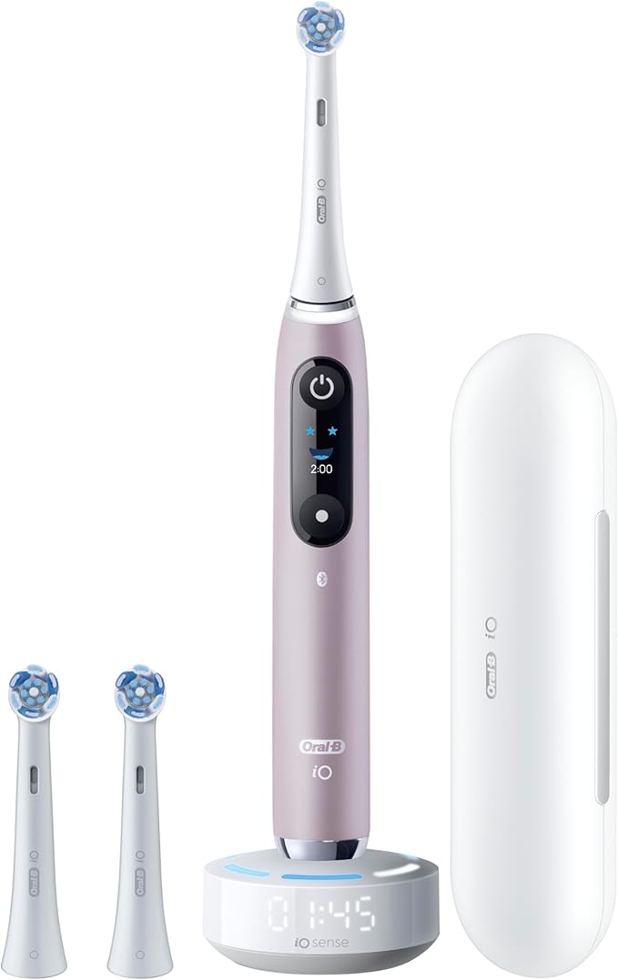 Oral-B iO Series 9 Limited Rechargeable Rose Quartz Electric Toothbrush with (2) Ultimate Clean and (1) Gentle Care Replacement Brush Heads White Travel Case-White and Charger