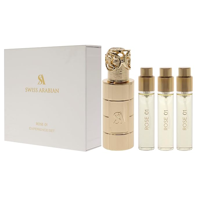 Swiss Arabian Rose 01 Giftset - Arabian Perfumes for Women and Men - Long Lasting Perfume - Floral Rose Vanilla Perfume - 3 Bottles with Case - 4 pc
