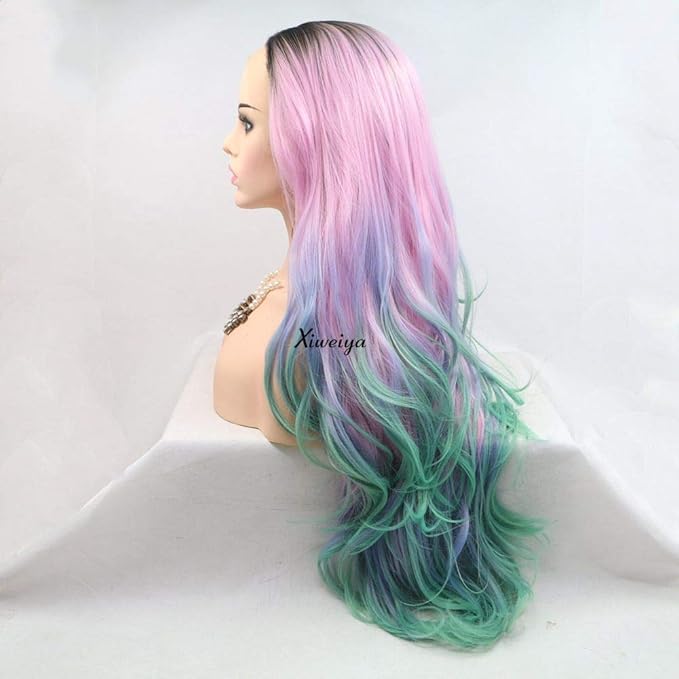 xiweiya Pink to Blue Green Ombre Wavy Wig 24 Long 180% Density Heat Resistant Synthetic Hair Lace Front Medium Cap Size 22.5 Inches