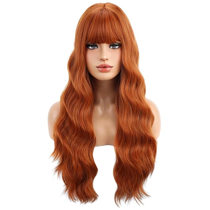 BERON Ginger Wigs Curly Wavy Women Wigs with Bangs Dark Orange Color Heat Resistant Synthetic Wig for Costume Cosplay or Daily Wigs Wig Cap Included