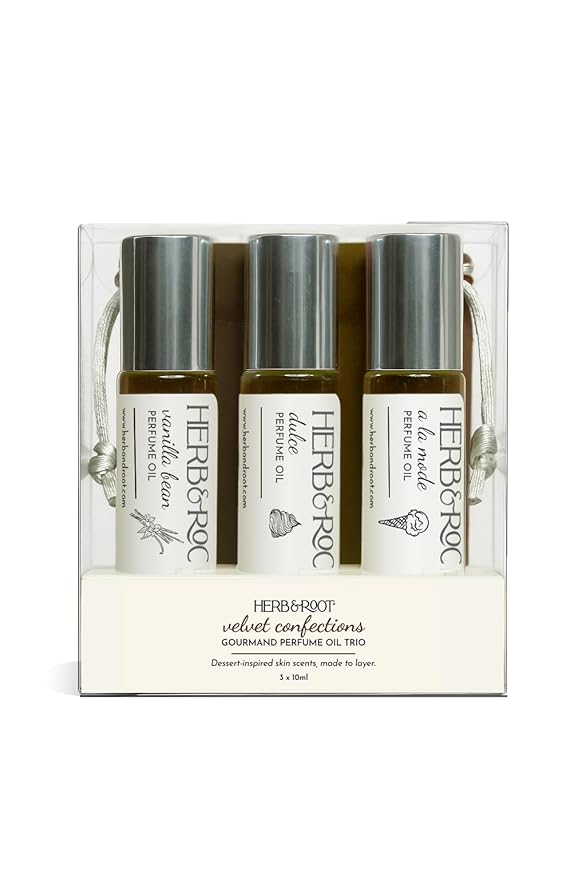 Herb &amp Root Unisex Mini Perfume Set: Aromatic Roll On Oils with Vanilla Jasmine and Citrus Notes - Travel Size for Men and Women Perfect as Hair Perfume or Mens Cologne (Gourmand)