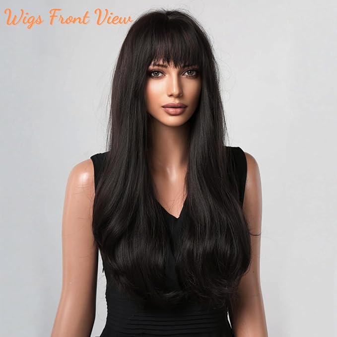 Honygebia Black Wig with Bangs - Natural Black Wigs for Women Long Straight Wavy Synthetic Hair Layered Realistic Heat Resistant Wig Best for Halloween/Christmas/Cosplay/Party