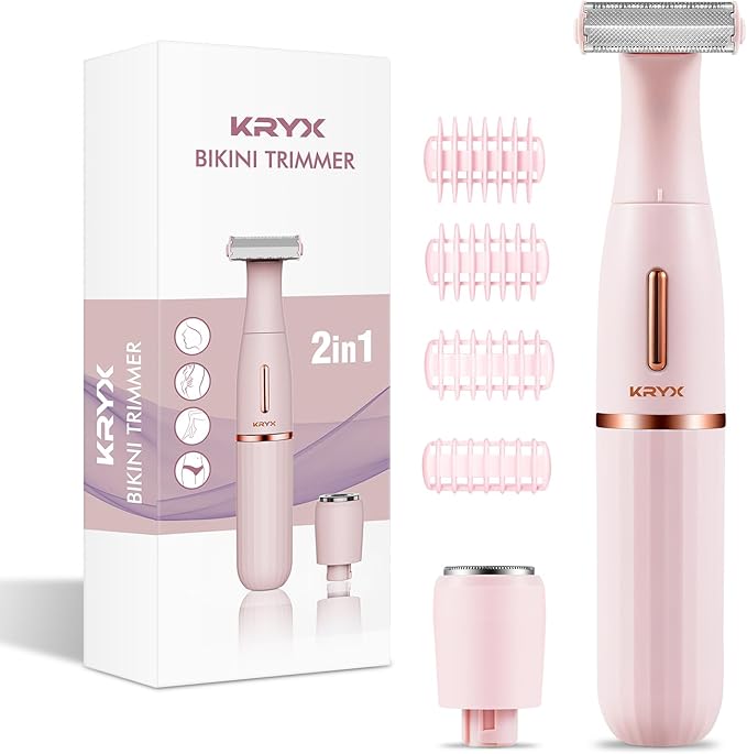 KRYX Bikini Trimmer for Women Electric Razors for LegsWaterproof Pubic Hair Trimmer Women Facial Hair RemoverPainless Body Shaver for TravelReplaceable Ladies RazorsPink