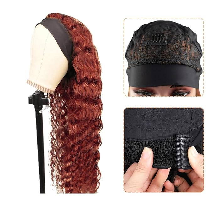 18 Inch #33 Auburn Brown Headband Wig Human Hair 150% Density Grade 8A Unprocessed Brazilian Virgin Hairs Machine Made Reddish Brown Water Wave Headband Wig Human Hair For Woman