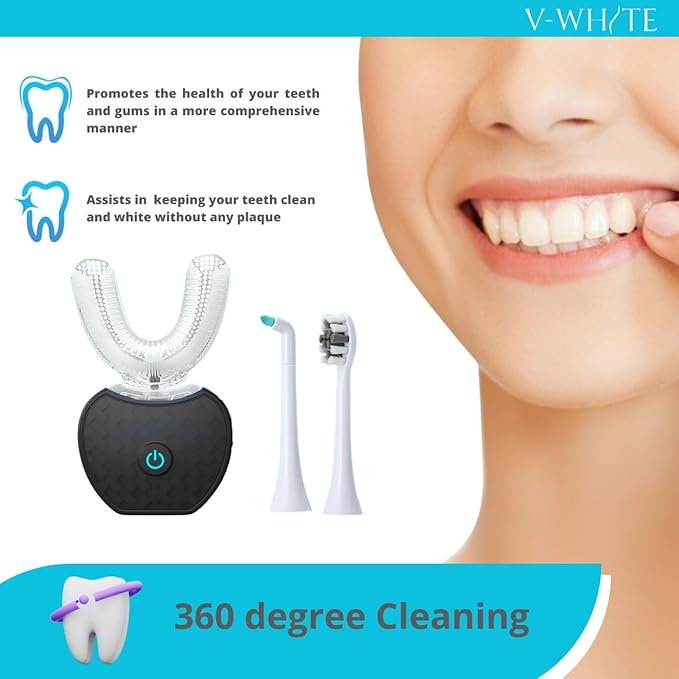 V-WHITE Ultrasonic U-Shaped Toothbrush for Teeth Whitening Electric Toothbrush For Adults - 360° Mouth Cleansing Hands Free Gums Protection - Wireless Charging &amp LED Light -Waterproof IPX7 Certi