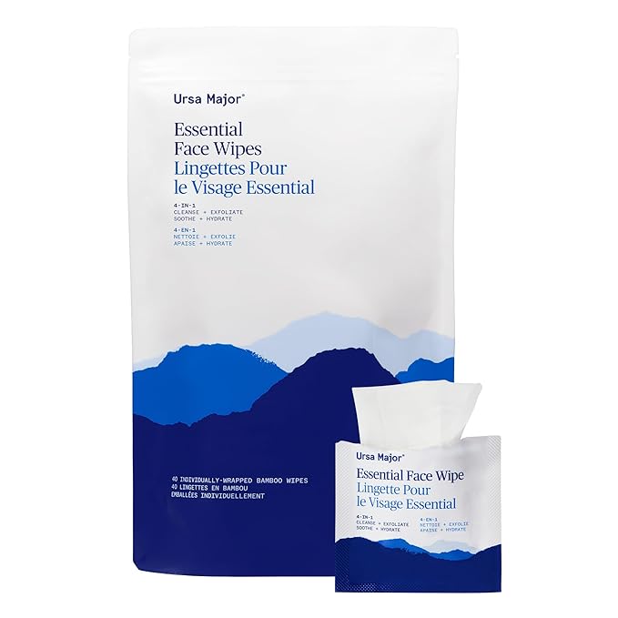 Ursa Major Essential Face Wipes | Natural Biodegradable Cruelty-Free | Cleanse Exfoliate Soothe and Hydrate | Individually Wrapped | 40 count