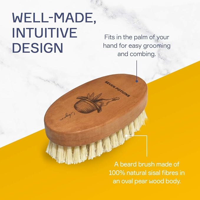Seven Potions Vegan Beard Brush for Men ? 100% Sisal Plant Fibre &amp Pear Wood ? Firm Bristles to Gently Tame/Soften/Exfoliate ? 100% Natural Non-Synthetic