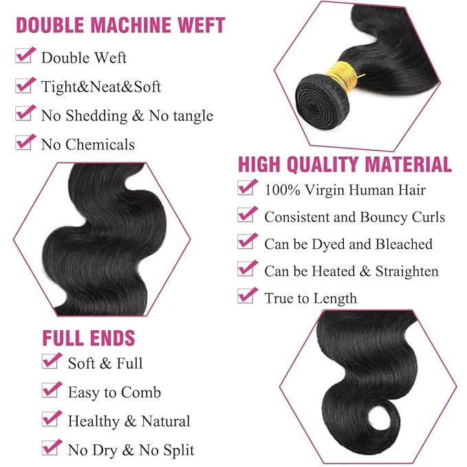 Brazilian Body Wave Human Hair Bundles with Closure Human Hair Bundles with Closure 22 24 26+20inch 100% Unprocessed Virgin Body Wave 3 Weaves with 4x4 Lace Closure Natural Black