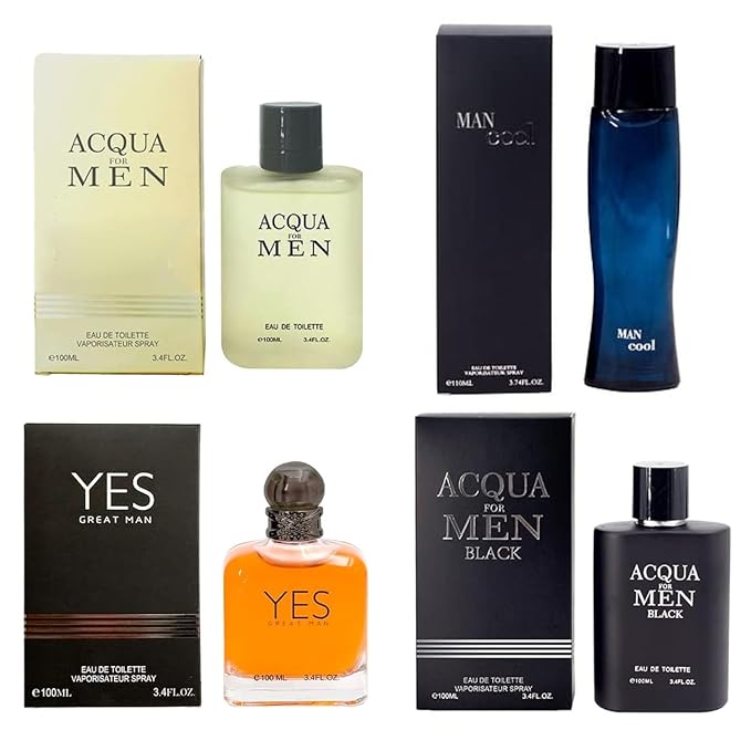 Cologne 4-Piece Includes Yes Great Men/Acqua/Acqua Black/Man Cool of Woody Spicy Citrus Cologne for Men in 100ml/3.4 Fl oz x 4 Bottle Fragrance for Man
