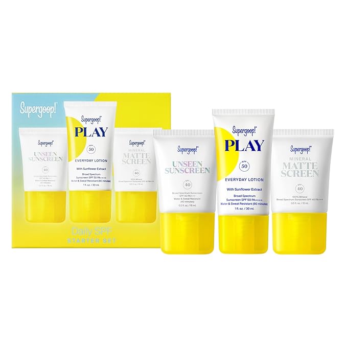 Supergoop! Daily SPF Starter - Includes 3 Travel-Sized SPF Favorites: Unseen Sunscreen SPF 40 Mineral Mattescreen SPF 40 and PLAY Everyday Lotion SPF 50 - Non-Comedogenic