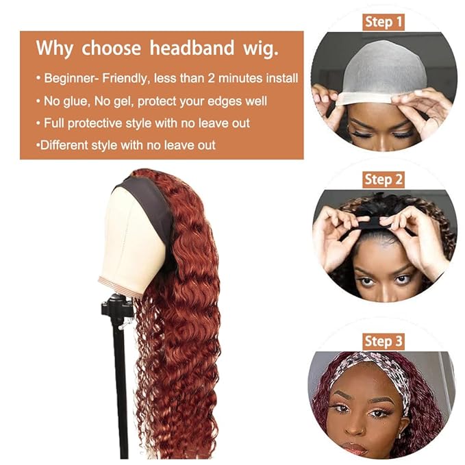 18 Inch #33 Auburn Brown Headband Wig Human Hair 150% Density Grade 8A Unprocessed Brazilian Virgin Hairs Machine Made Reddish Brown Water Wave Headband Wig Human Hair For Woman
