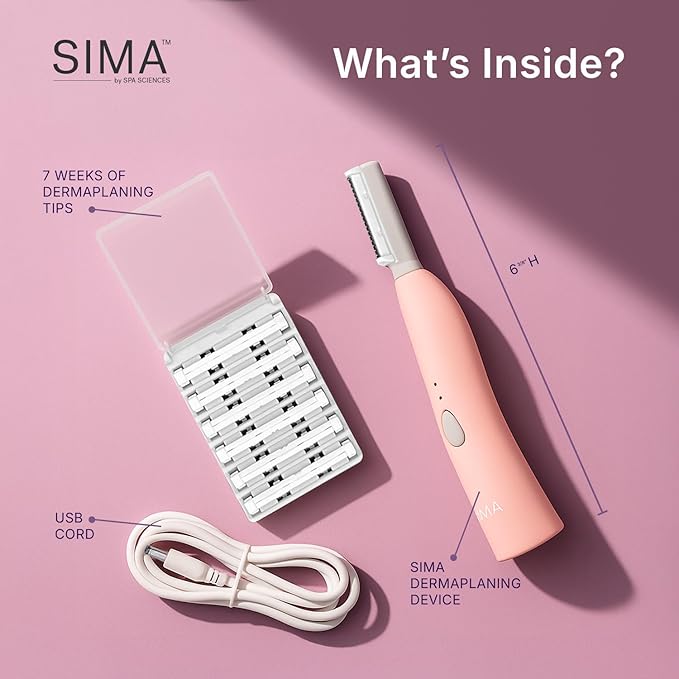 SPA SCIENCES - SIMA Patented Dermaplane Razor for Women Face ? Painless 2-in-1 Facial Exfoliation &amp Peach Fuzz Hair Removal ? Anti-Aging ? 3 Speeds ? Rechargeable ? 7 Weeks Treatment