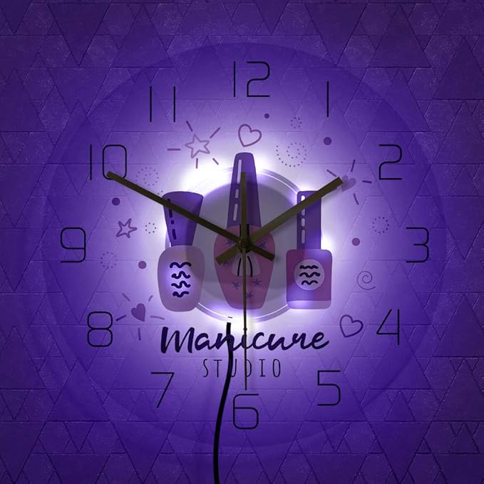The Geeky Days Manicure Studio Nail Polish Custom Print LED Lighting Silent Wall Clock Personalized Nail Salon Hanging Watch with Color Changing Light Gift for Nail Technician