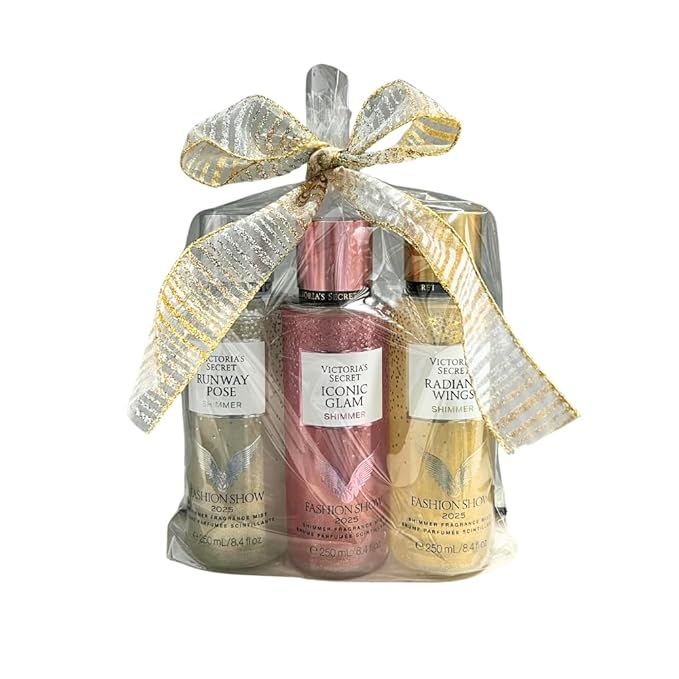 Victoria's Secret FASHION SHOW 2025 Radiant Wings Runway Pose &amp Iconic Glam Shimmer Fragrance Mist Collection 3pc Limited Edition Gift Set with 30-Inch Metallic Gold &amp Silver Striped Ribbon B
