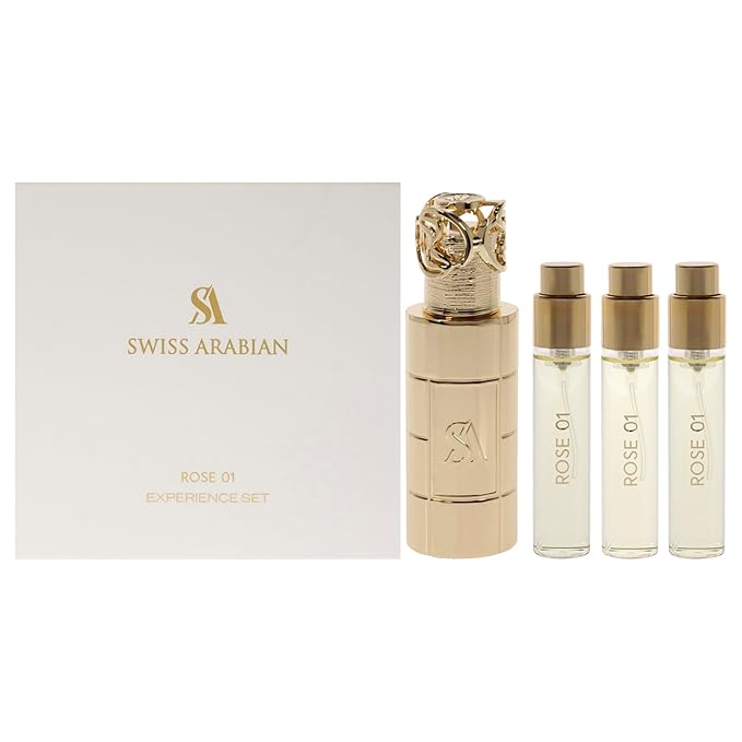 Swiss Arabian Rose 01 Giftset - Arabian Perfumes for Women and Men - Long Lasting Perfume - Floral Rose Vanilla Perfume - 3 Bottles with Case - 4 pc