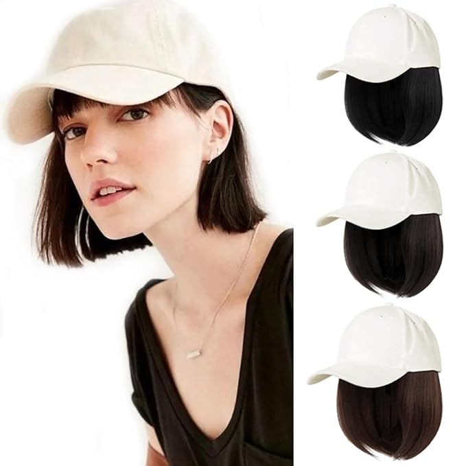 10 Beige Baseball Cap with Hair Extensions Short Bob Hairstyle Adjustable Hat Wig Attached Synthetic Hairpiece for Women Daily Use Dark Brown Hair